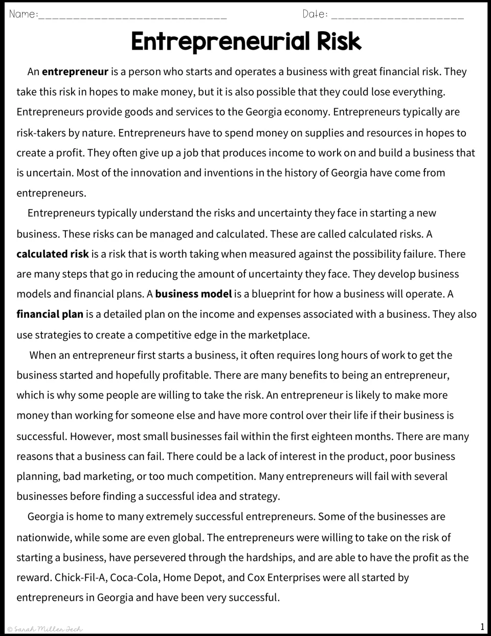 Reading passage: students read about Georgia entrepreneurs, calculated risk, business models and why most businesses fail
