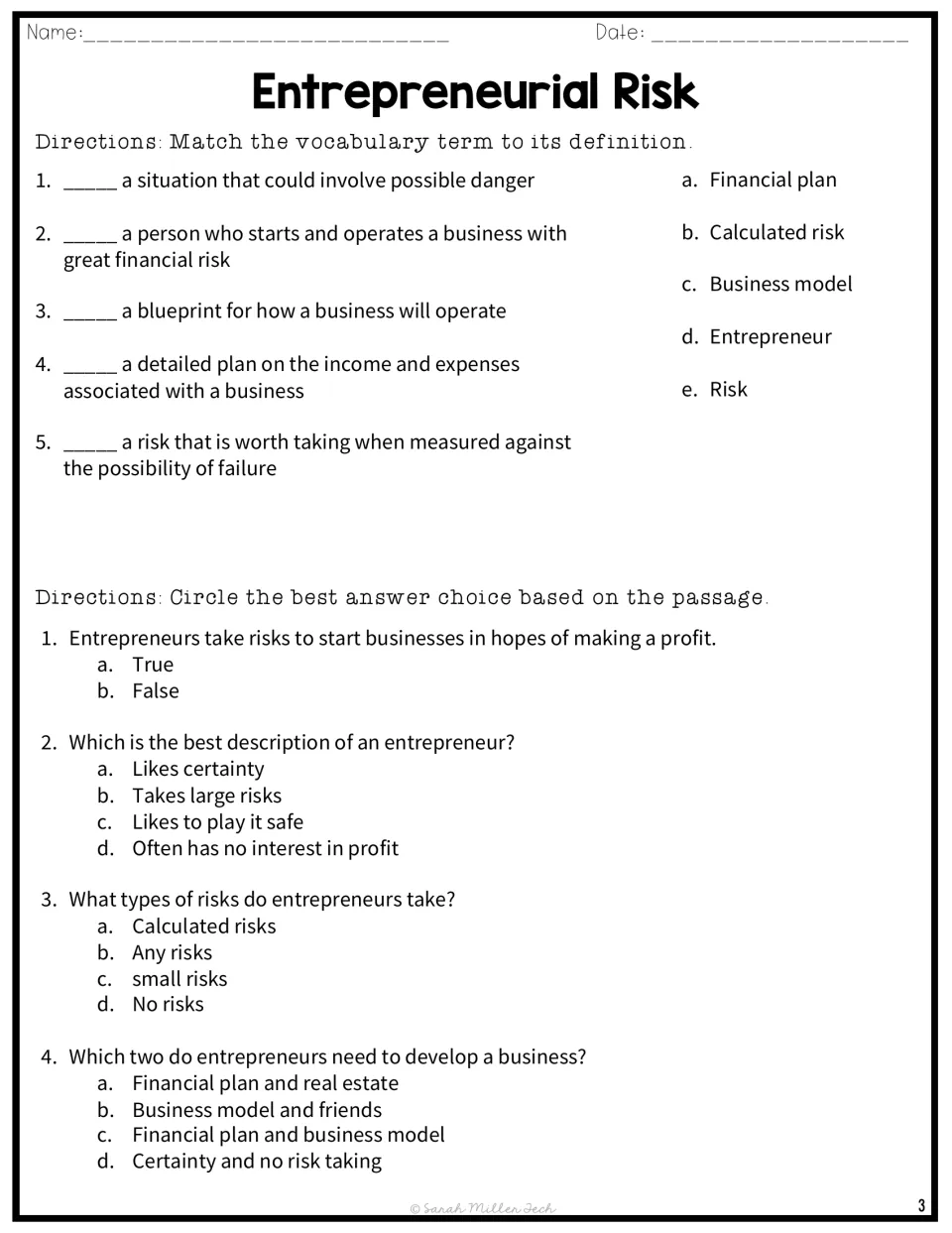 Entrepreneur vocabulary and comprehension: students match five terms to definitions and answer multiple-choice questions