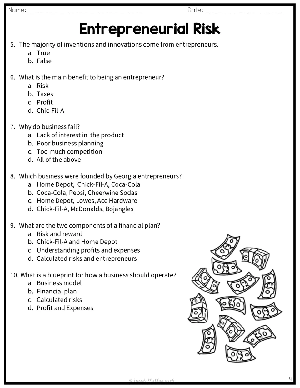 Multiple-choice questions 5 to 10 on innovation, profit, business failure, Georgia-founded companies and financial plans