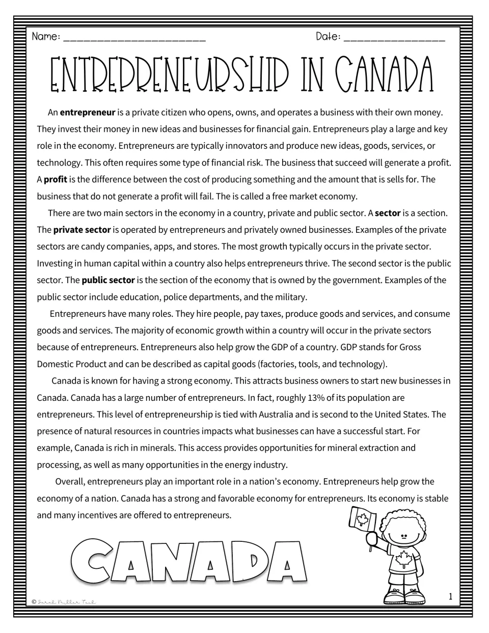 Reading passage on Canadian entrepreneurship, profit, public and private sectors, and economic growth