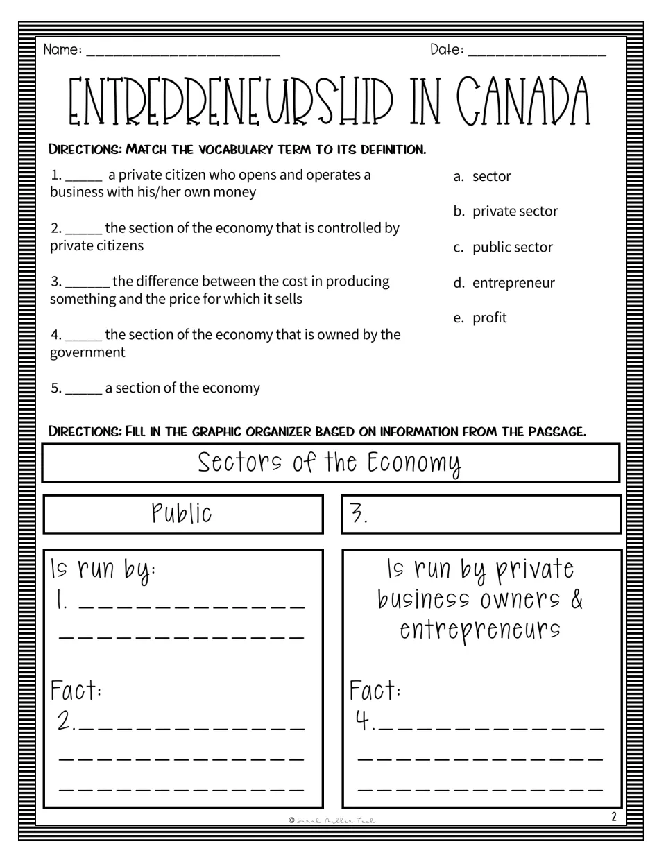 Vocabulary practice with five economics definitions to match and a public versus private sector organizer