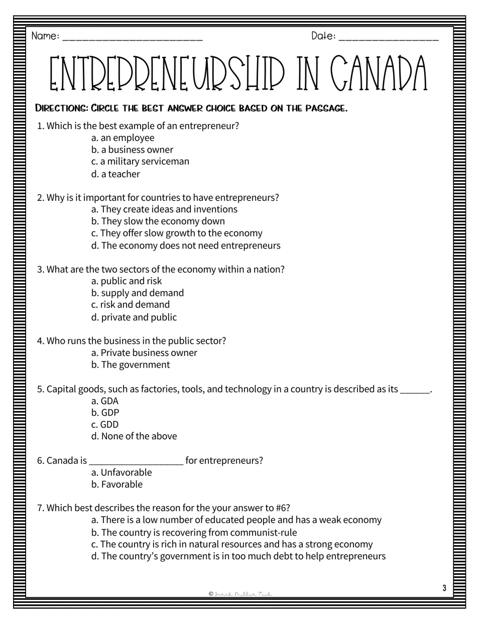 Seven multiple-choice questions on entrepreneurs, economic sectors, GDP, and business conditions in Canada