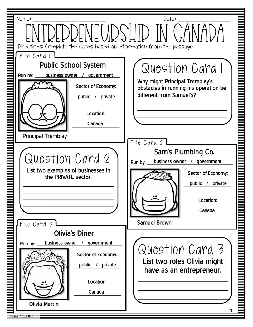 Three file cards feature a public school, Sam's Plumbing Co., and Olivia's Diner, with three question cards