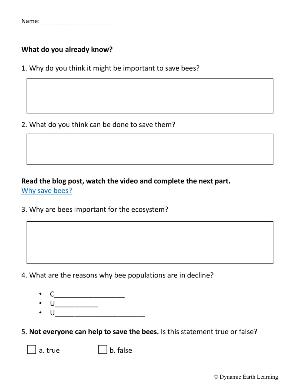 Questions 1–5: prior knowledge on saving bees, why bees matter to the ecosystem, causes of decline, true or false