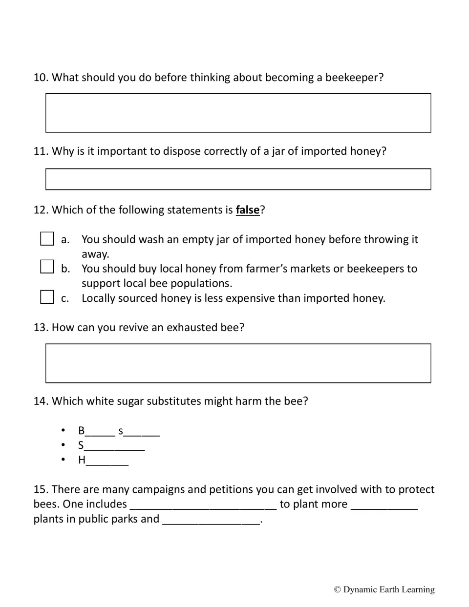 Questions 10–15: beekeeping, imported honey, reviving an exhausted bee, sugar substitutes that harm bees, petitions