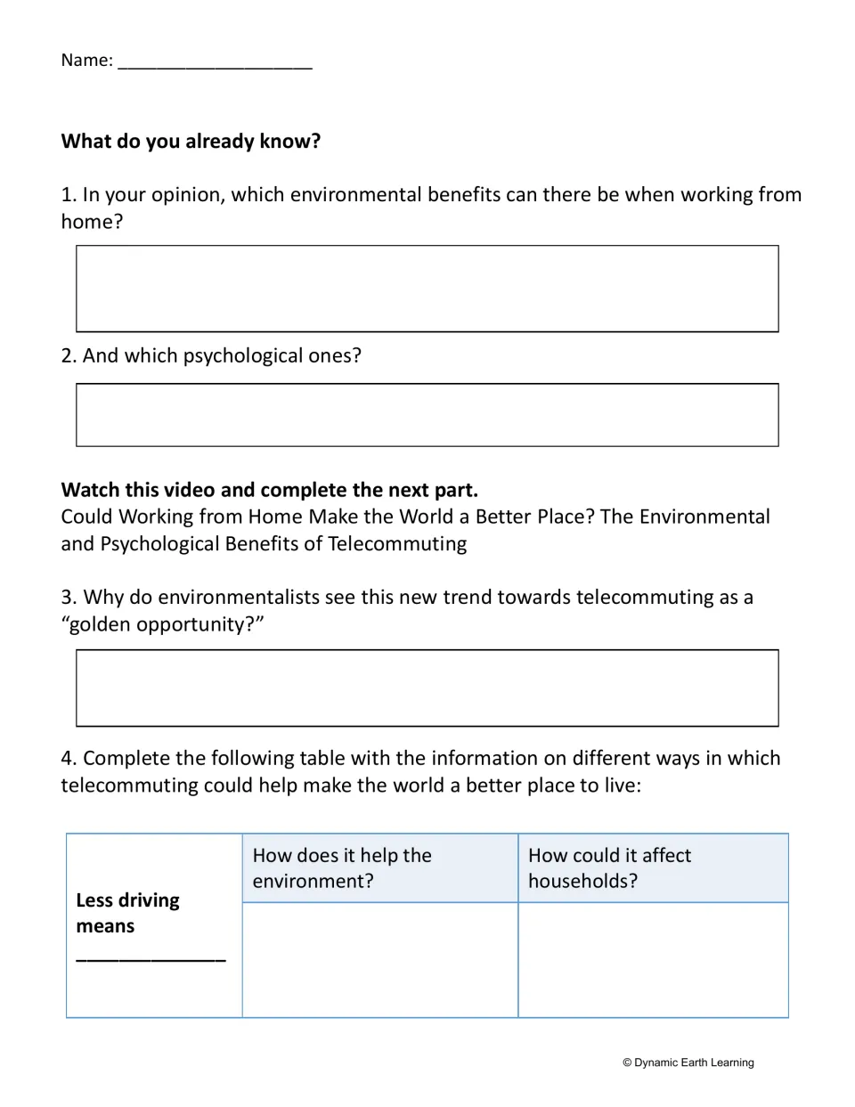 Telecommuting video questions: students list environmental and psychological benefits, then begin a less-driving table