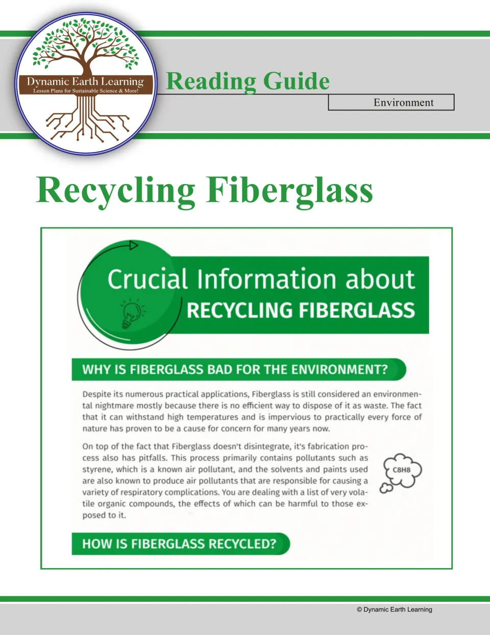 Recycling Fiberglass reading guide cover showing the passage start: why fiberglass is bad for the environment