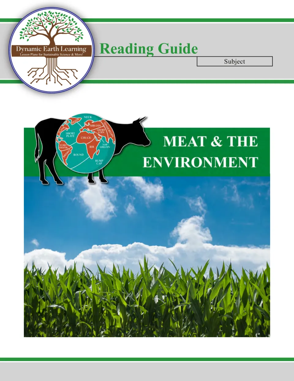 Meat & the Environment reading guide cover: a cow silhouette with a beef-cuts globe above a cornfield