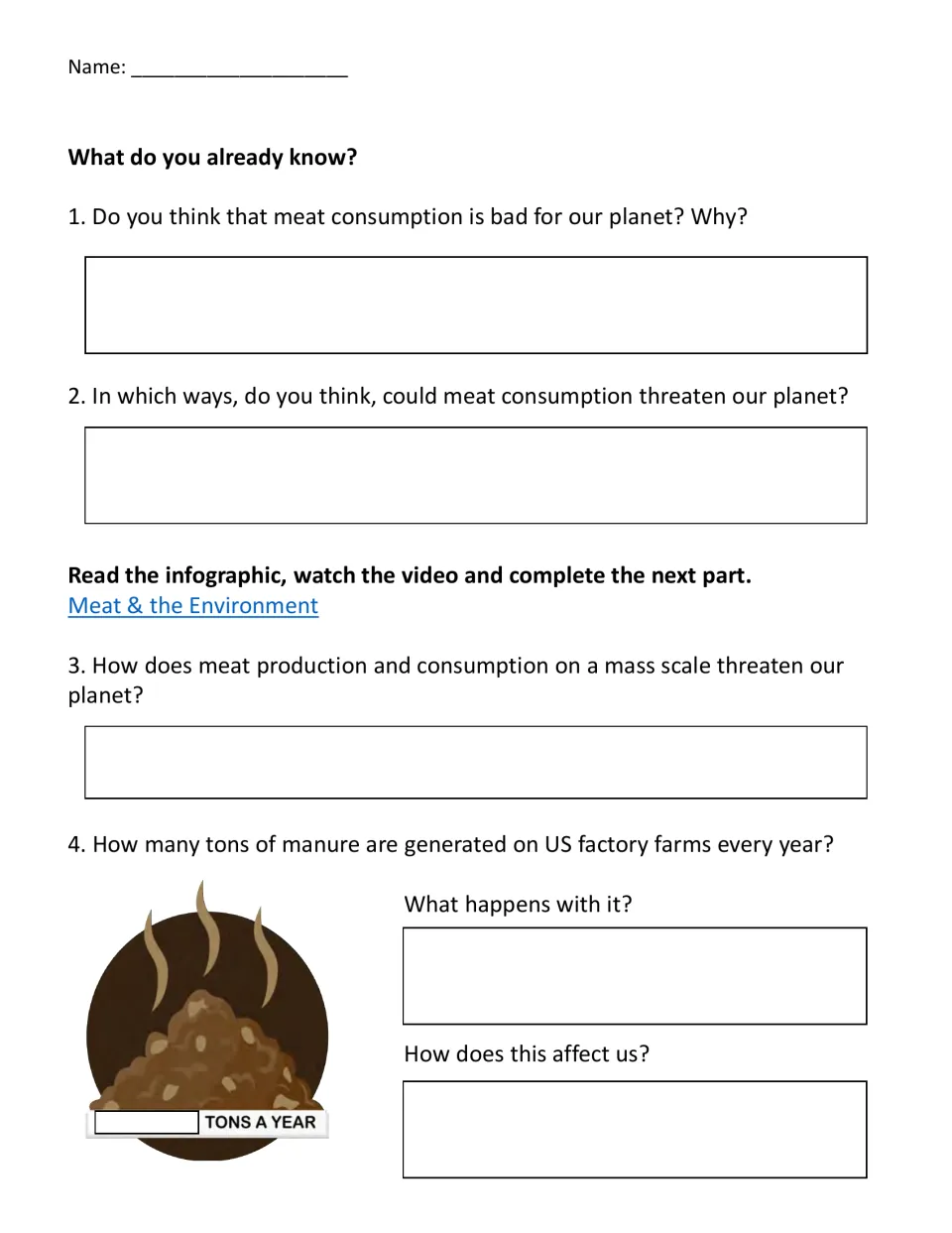 Questions 1–4: two 'What do you already know?' prompts, then video questions on mass meat production and manure