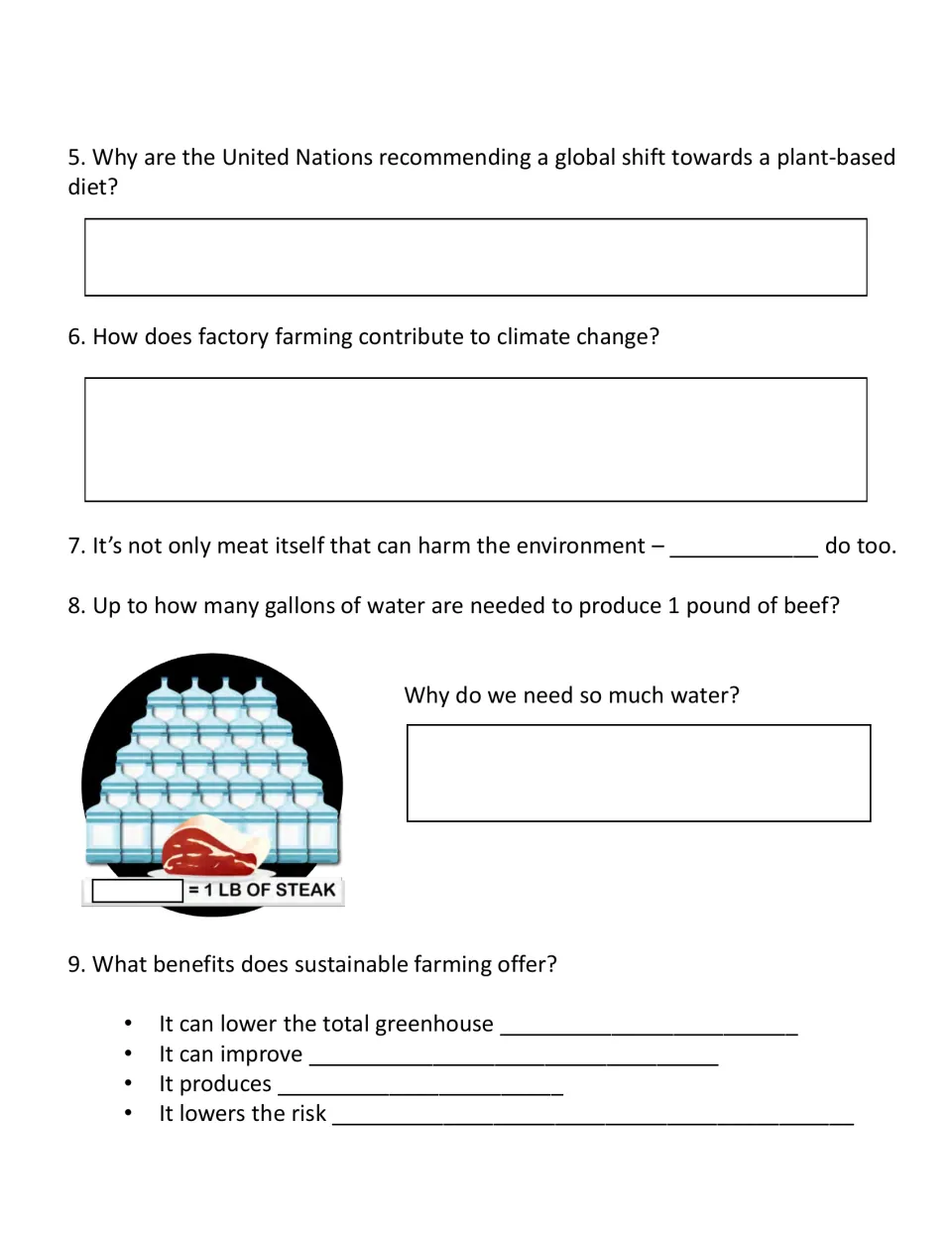 Questions 5–9: UN diet advice, factory farming and climate, water per pound of beef, sustainable farming benefits