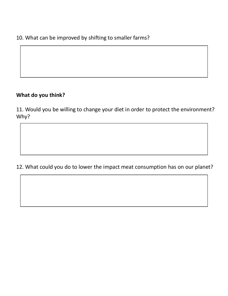 Questions 10–12: smaller farms, then 'What do you think?' on changing your diet and lowering meat's impact