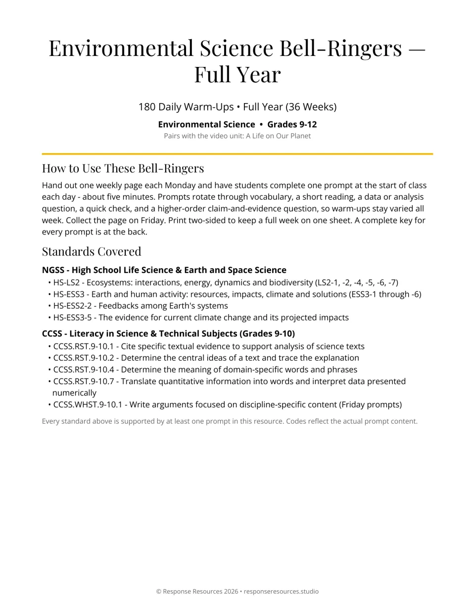 Environmental Science Bell-Ringers cover: 180 daily warm-ups over 36 weeks, with usage directions and a standards list
