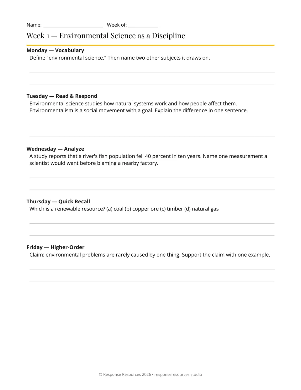 Week 1, environmental science as a discipline: students answer five daily prompts from vocabulary to a claim
