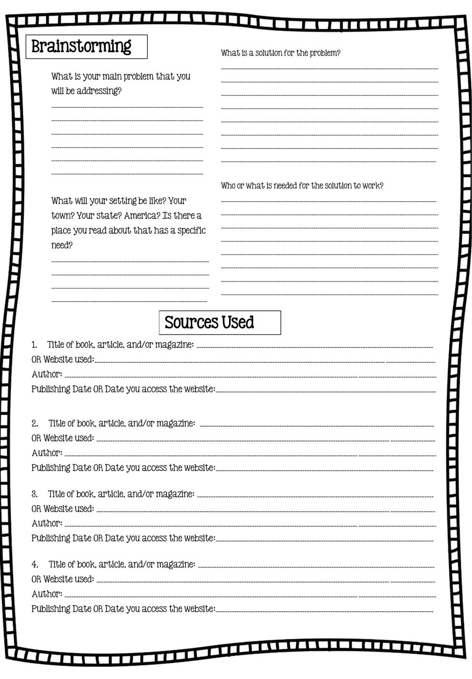 Brainstorming planner: students name the problem, setting and solution, then cite four sources with title and author