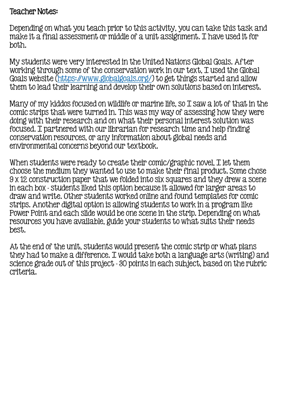 Teacher notes on using the comic project with Global Goals research, paper or digital formats and dual-subject grading