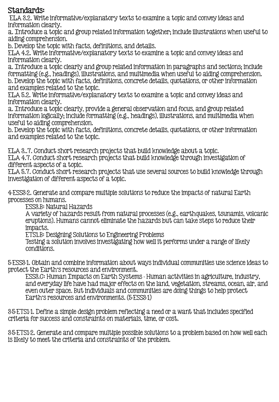 Standards list: ELA informative writing and short research standards plus 4-ESS3-2, 5-ESS3-1 and 3-5-ETS1 science codes