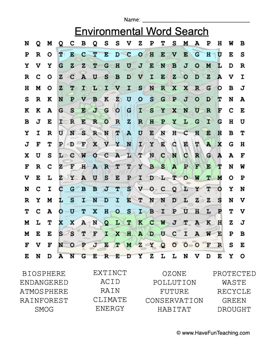 Environmental vocabulary word search with 20 terms to find, including biosphere, ozone, habitat, and drought.