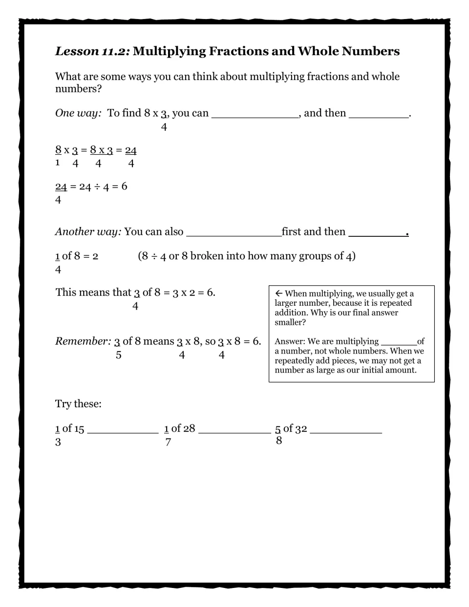 Lesson 11.2 guided notes: students fill blanks on two ways to multiply a whole number by a fraction, then find 1/3 of 15