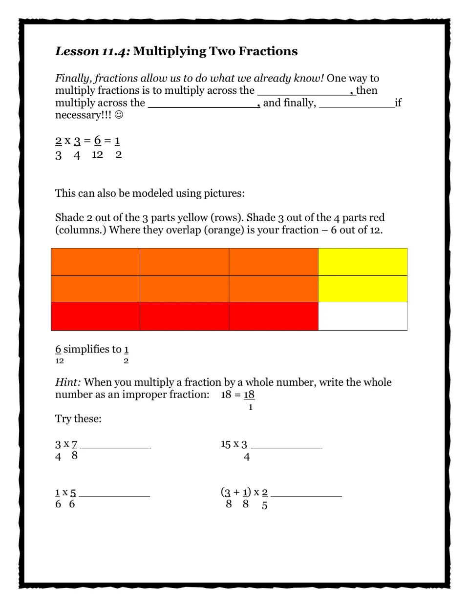 Lesson 11.4 guided notes: students fill in the steps for multiplying two fractions, study a shaded area model