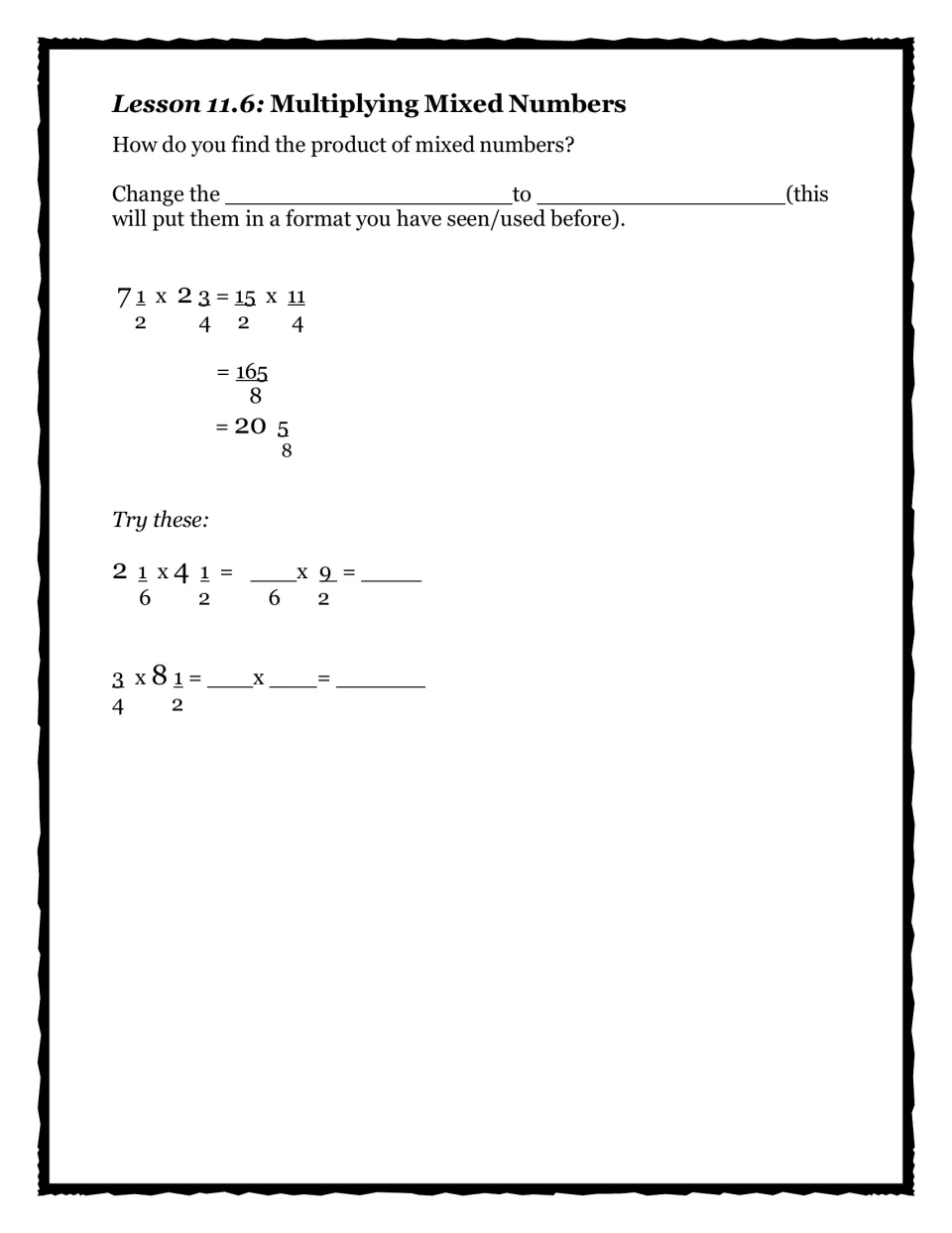Lesson 11.6 guided notes: students complete the rule for multiplying mixed numbers and solve 2 practice problems