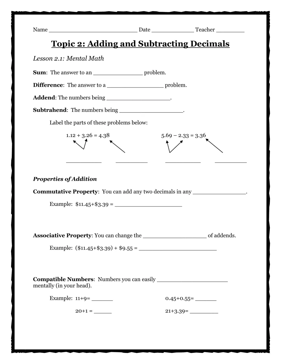Lesson 2.1 Mental Math notes: students define sum, difference, addend and subtrahend, label parts and addition properties