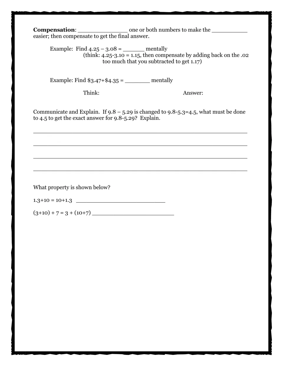 Compensation notes: students find 4.25 - 3.08 and $3.47 + $4.35 mentally, explain an adjustment and name two properties