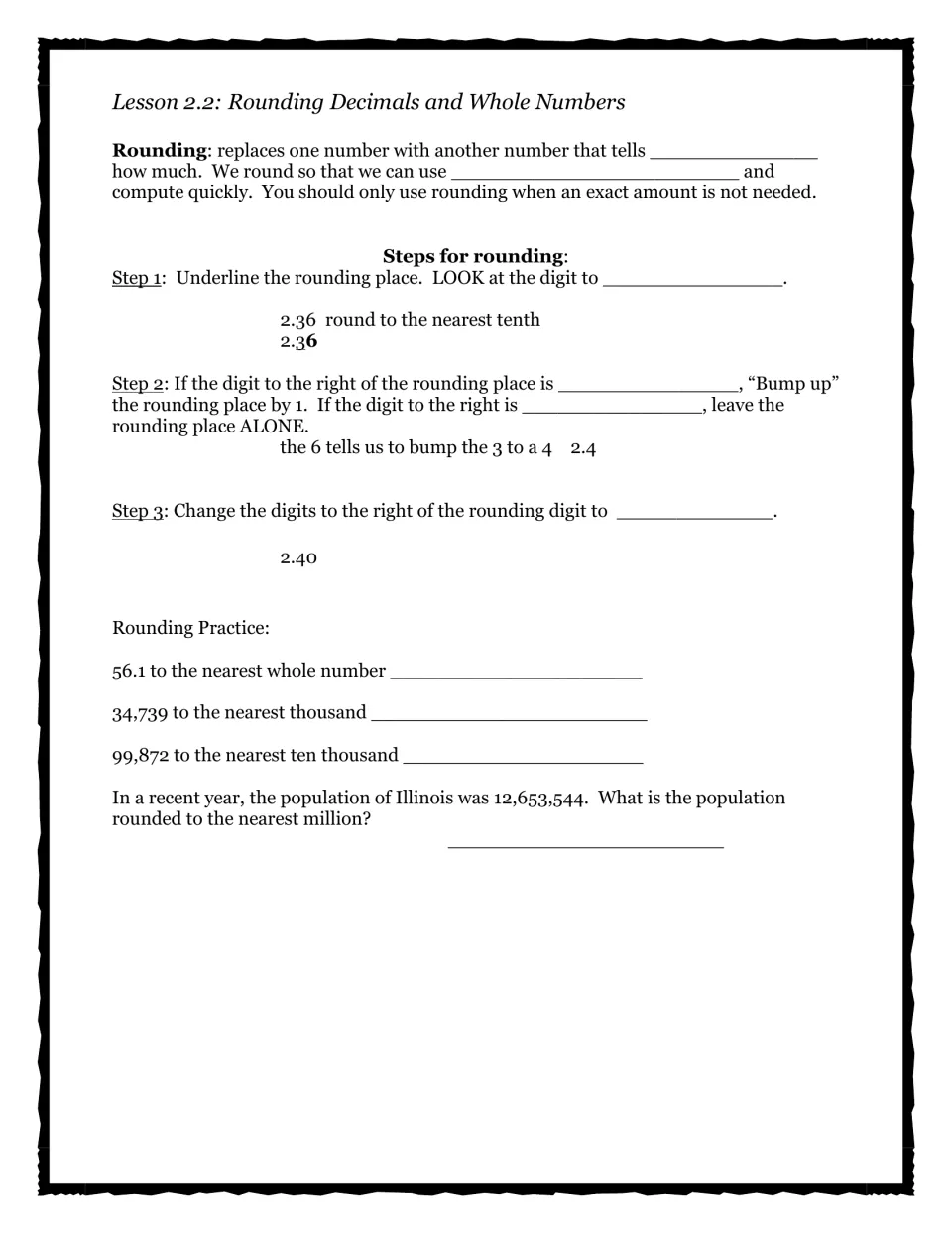 Lesson 2.2 rounding notes: students complete steps for rounding 2.36, then round 56.1, 34,739, 99,872 and a population