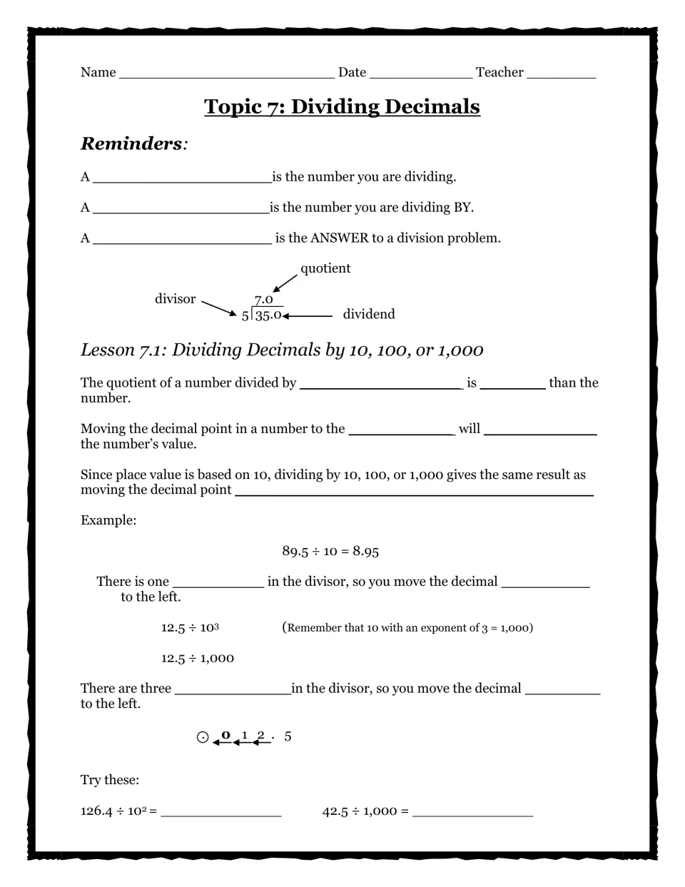 Division terms and Lesson 7.1 notes: students fill in blanks on dividing decimals by 10, 100 or 1,000 by moving the decimal