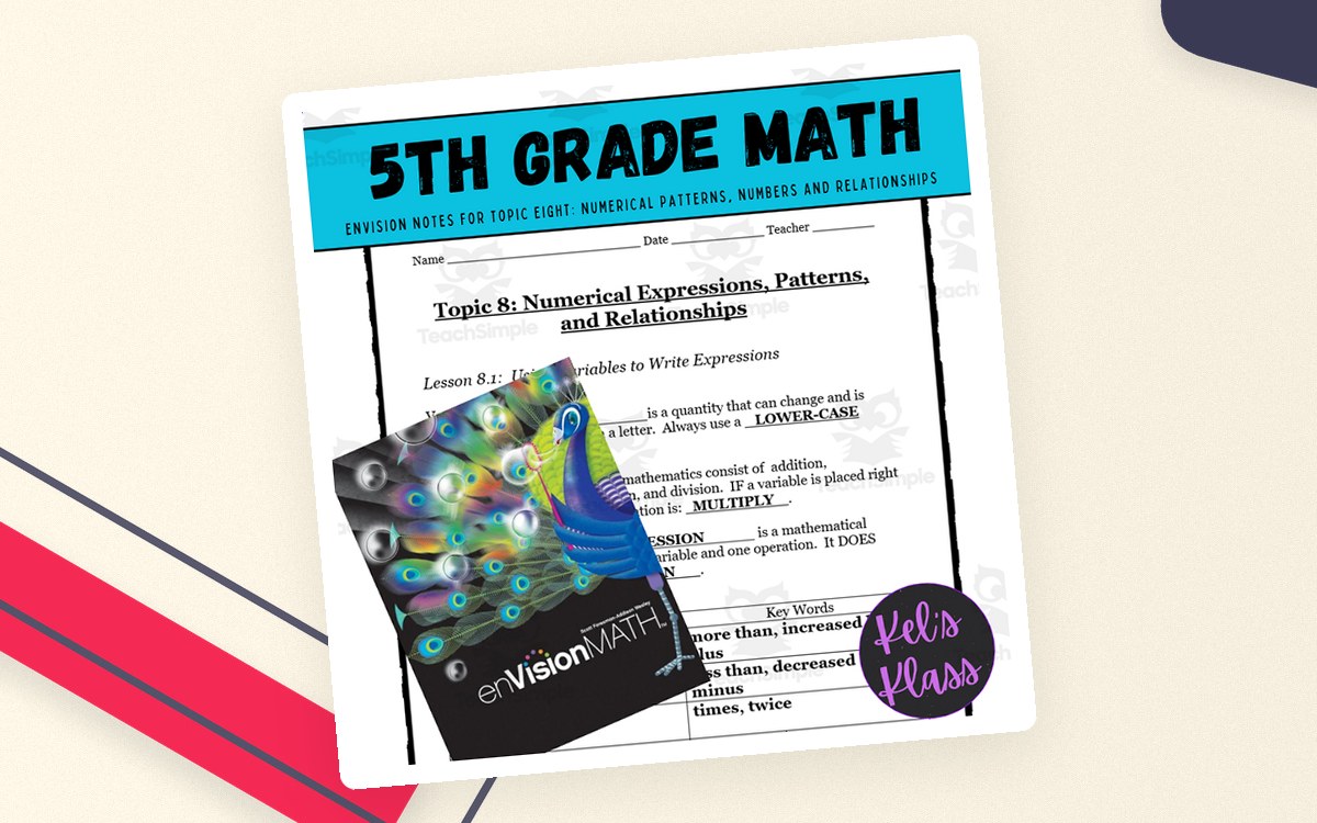 Envision Math Grade 5 Topic 8 cover with numerical-expression notes, a variables lesson page and a peacock image