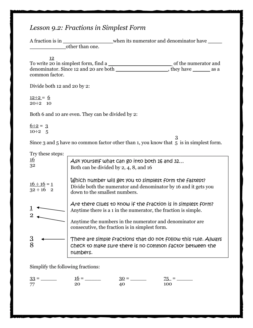 Lesson 9.2 simplest form notes: dividing 12/20 and 16/32 by common factors, clues for simple fractions, simplify 33/77