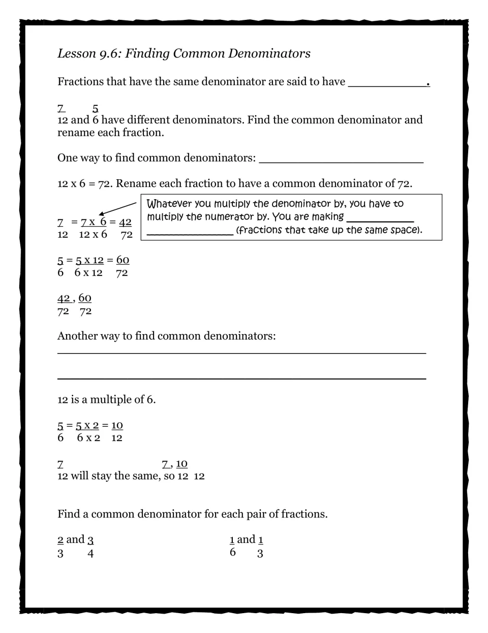Lesson 9.6 common denominators notes: renaming 7/12 and 5/6 two ways, then practice with 2/3, 3/4 and 1/6, 1/3