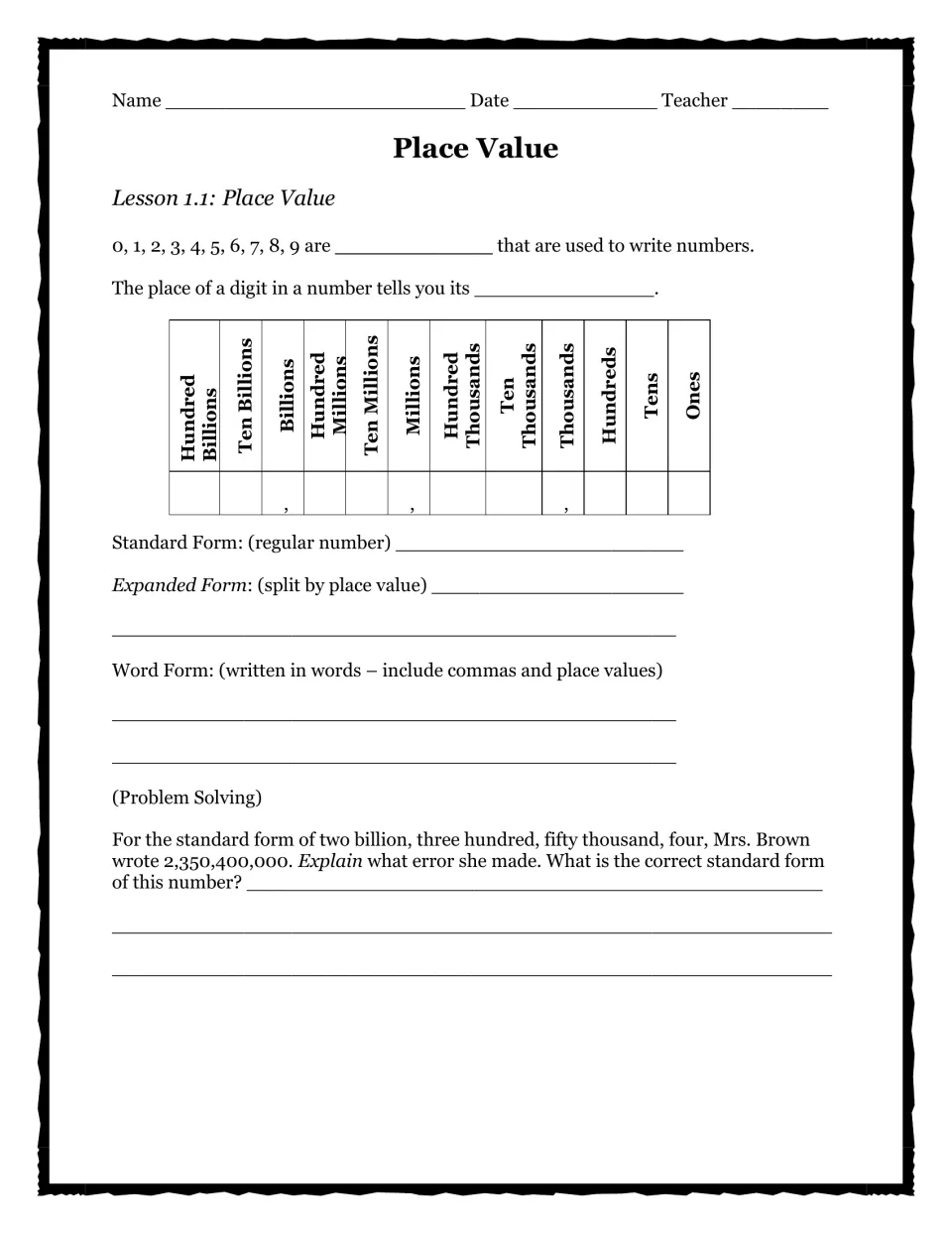 Lesson 1.1 place value notes: students label places from ones to hundred billions and fix Mrs. Brown's 2,350,400,000 error