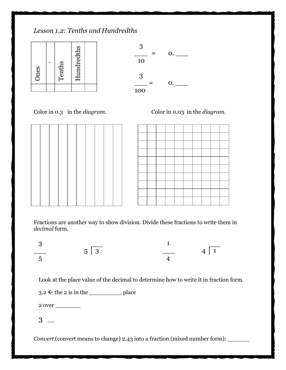 Lesson 1.2 tenths and hundredths: students write 3/10 and 3/100 as decimals, shade 0.3 and 0.03, and divide 3/5 and 1/4