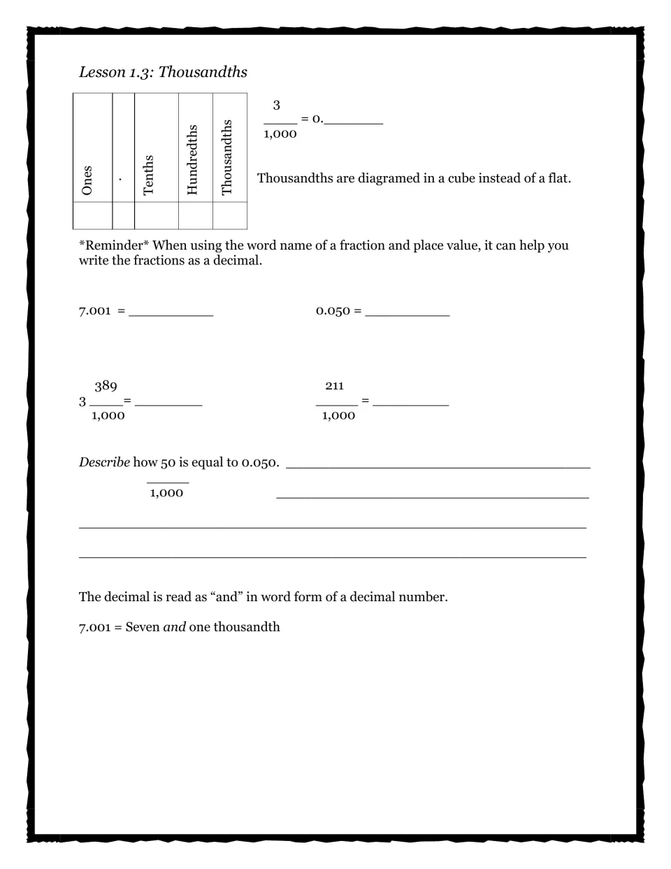Lesson 1.3 thousandths notes: students convert 7.001, 0.050 and fractions over 1,000 between decimal and fraction form