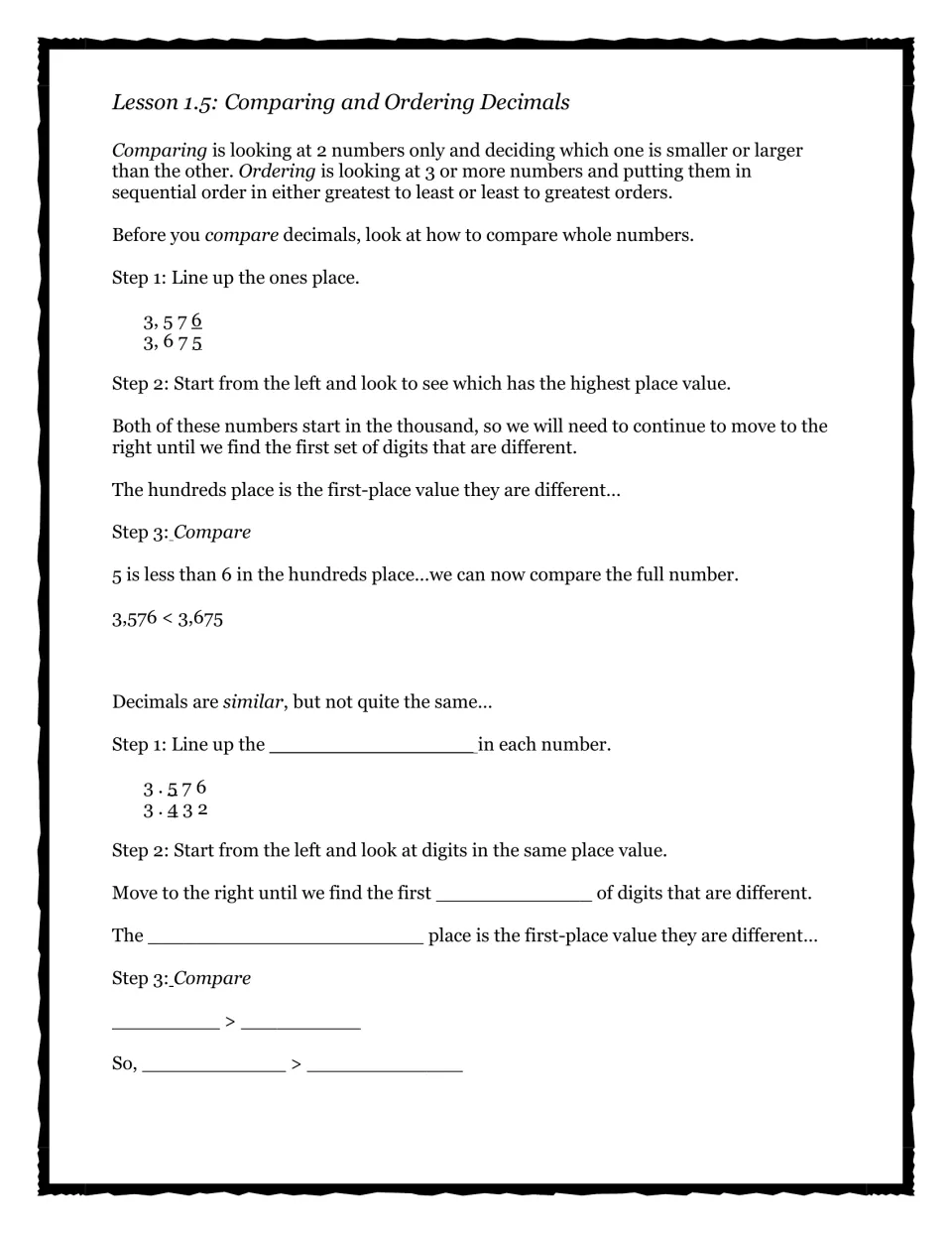 Lesson 1.5 comparing decimals: worked steps compare 3,576 and 3,675, then students fill blanks to compare 3.576 and 3.432