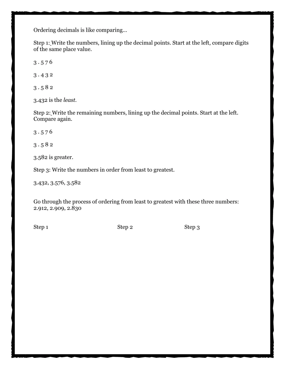 Ordering decimals: worked steps order 3.576, 3.432 and 3.582, then students order 2.912, 2.909 and 2.830 least to greatest