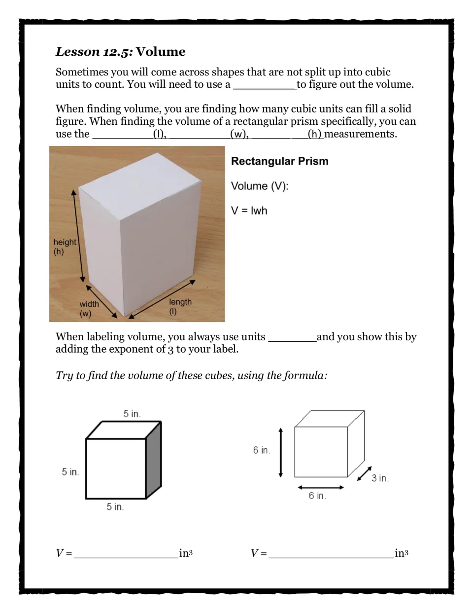 Lesson 12.5 Volume notes: students fill in V = lwh for a rectangular prism and find volumes of two solids in inches