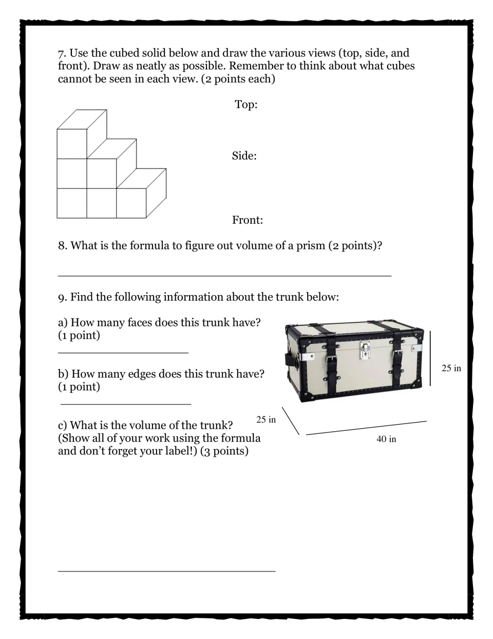 Quiz items 7-9: students draw top, side and front views of a cube solid, write the volume formula and analyze a trunk