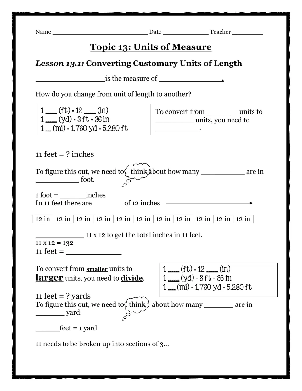 Converting customary units of length: guided notes on changing 11 feet to inches by multiplying and to yards by dividing