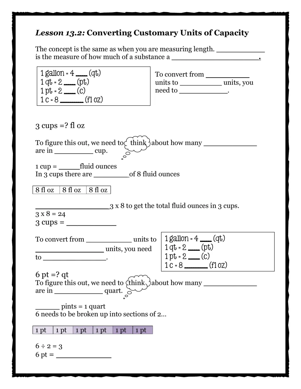 Converting customary units of capacity: guided notes on gallons, quarts, pints and cups, with 3 cups and 6 pints worked
