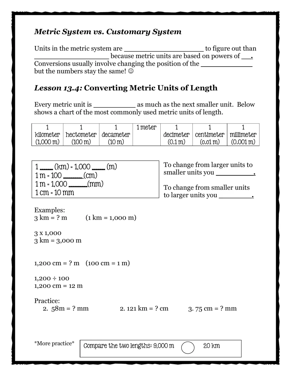 Metric vs. customary systems and converting metric length: unit chart from kilometer to millimeter, examples and practice