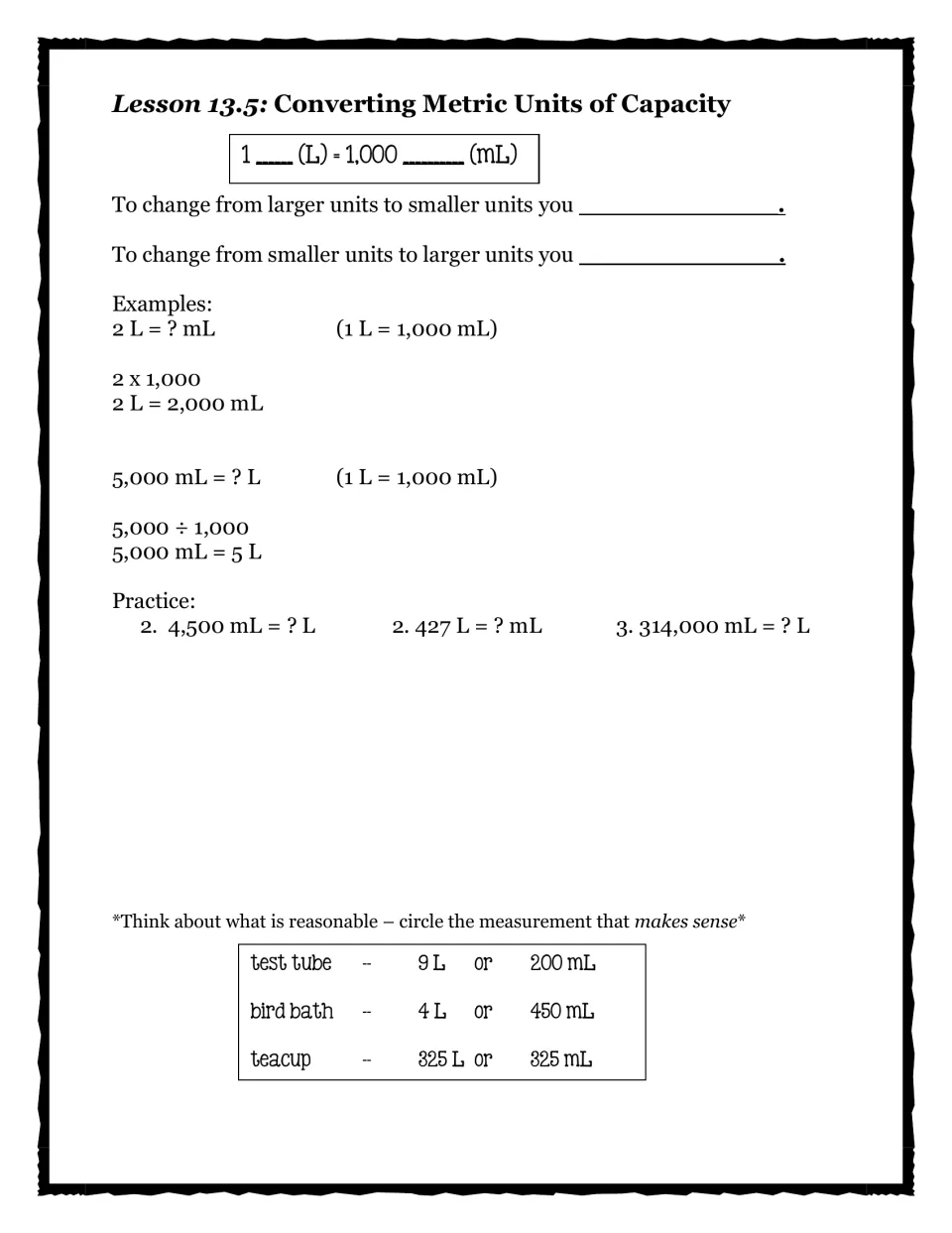 Converting metric units of capacity: liter and milliliter examples, practice, and picking reasonable container sizes