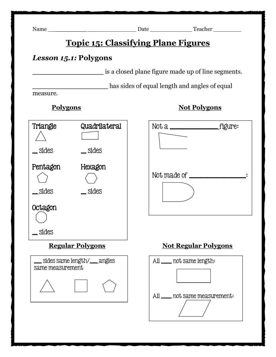 Lesson 15.1 student notes on polygons, side counts, regular polygons, and examples that are not polygons
