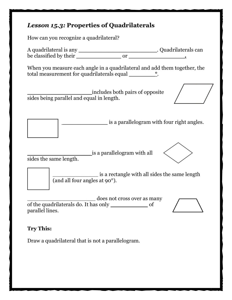 Lesson 15.3 student notes on quadrilateral properties, angle sums, and drawing a non-parallelogram