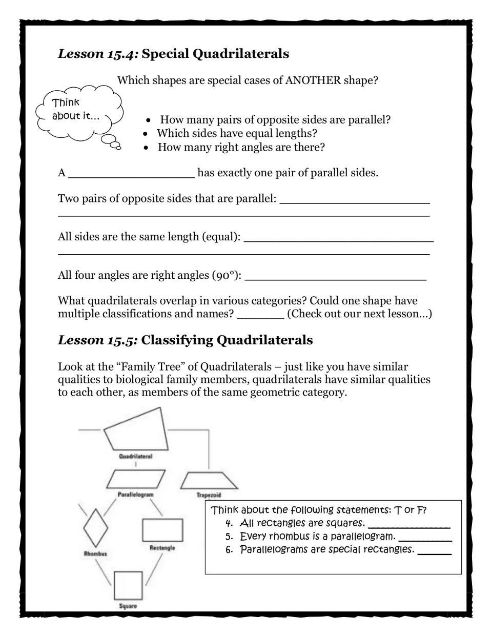 Lessons 15.4–15.5 student notes compare special quadrilaterals using shared properties and a family tree
