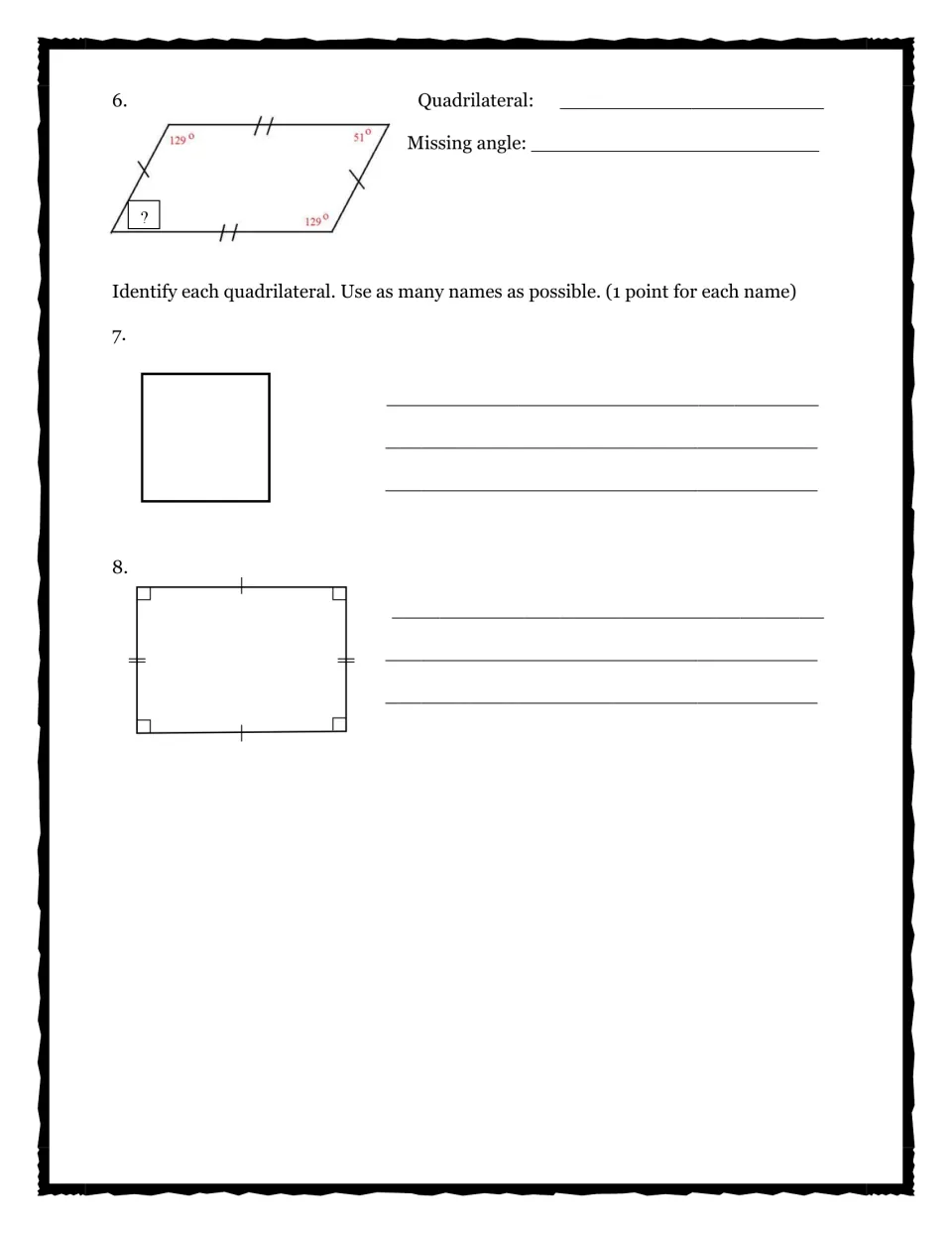 Quiz questions 6–8 ask for a parallelogram's missing angle and multiple names for a square and rectangle