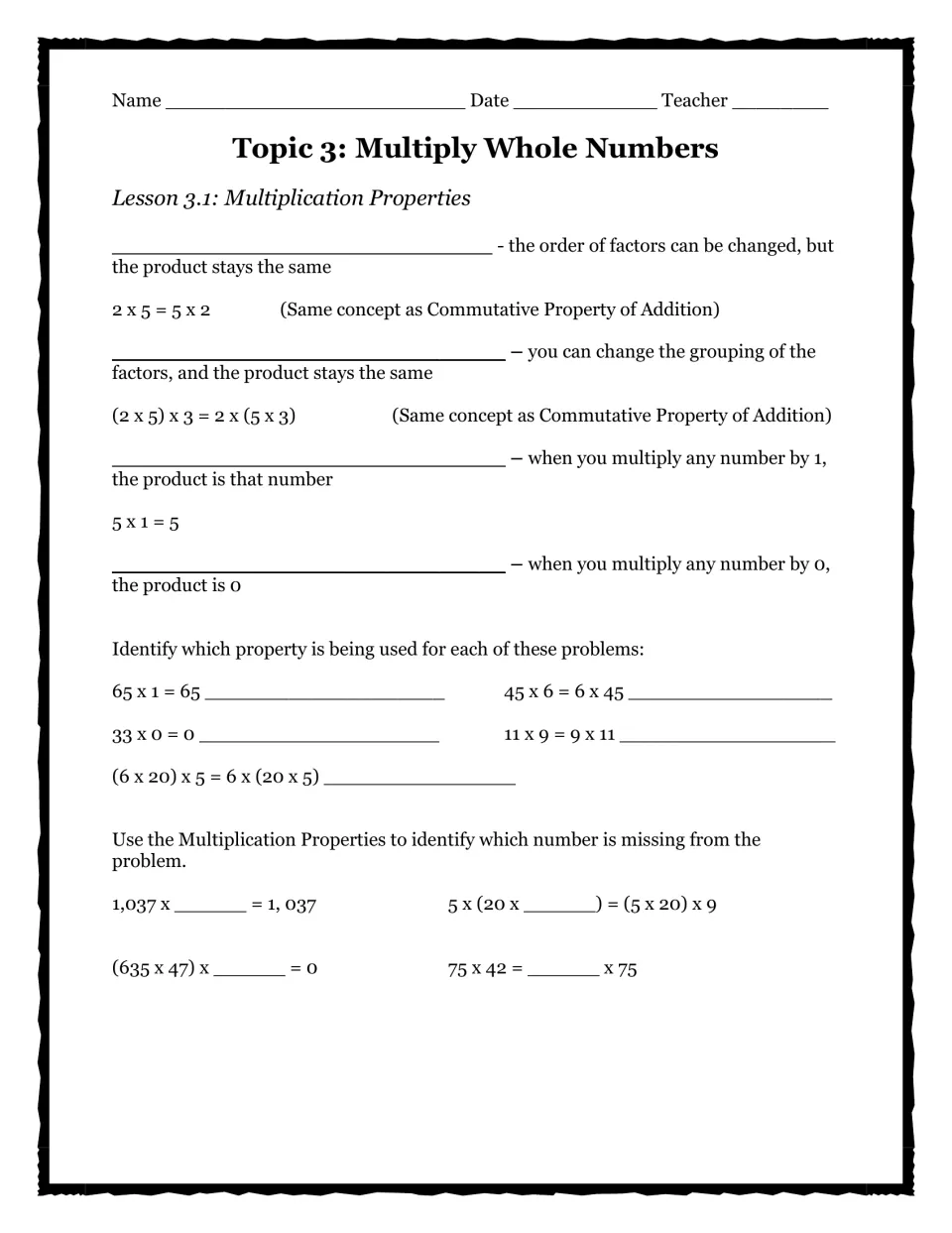 Multiplication properties notes: students fill in the four property names, then identify properties and find missing factors