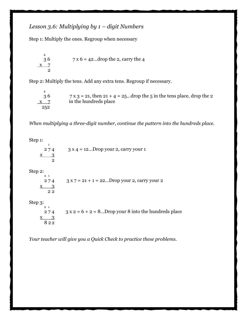 Multiplying by 1-digit numbers: students follow regrouping steps for 36 x 7 = 252 and 274 x 3 = 822