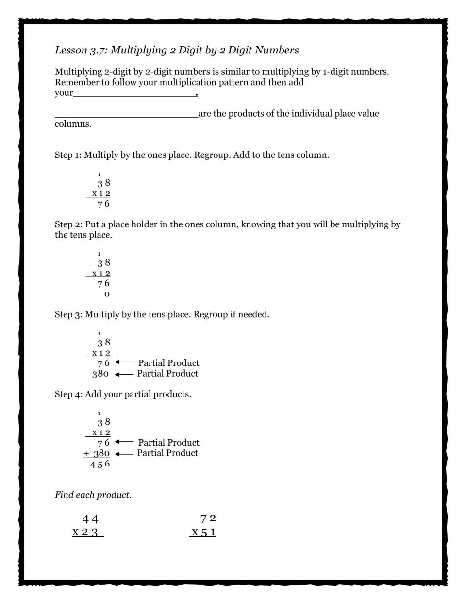 Multiplying 2-digit by 2-digit numbers: partial products steps for 38 x 12 = 456, then students find 44 x 23 and 72 x 51