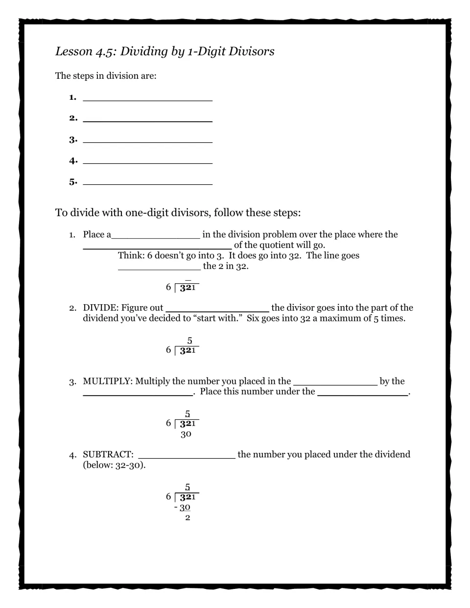 Long division with 1-digit divisors: students list the five steps and fill in notes on dividing 321 by 6